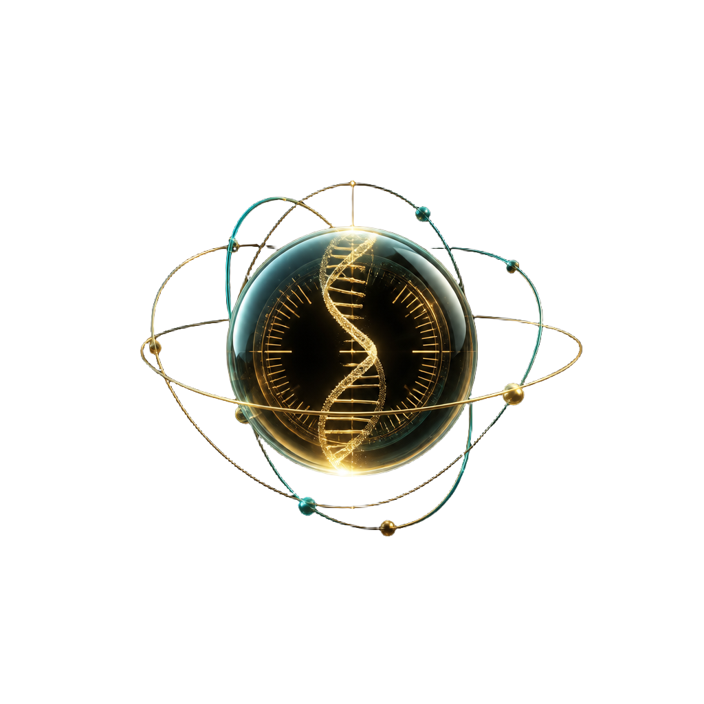BioSphere Human Optimization symbol: a glass sphere containing DNA and a time dial, surrounded by orbiting gold and teal rings